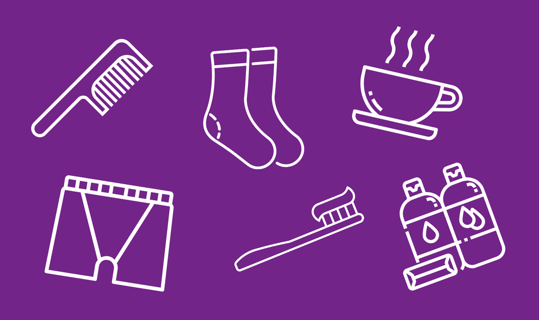 Purple background with white outlines of items including: toothbrush, toiletries, underwear, cup of tea and comb