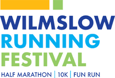 White graphic with a yellow and green stripe at the top, text reads: Wilmslow Running Festival, Half Marathon, 10k, Fun Run